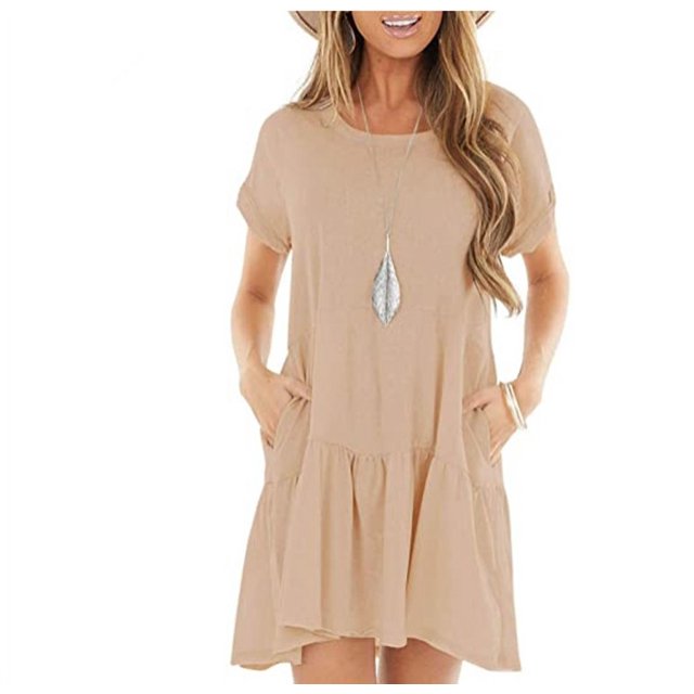 Women's Summer Crewneck Pocket Short Sleeve Dress Splicing Ruffle Swing Mid Length Loose Dress