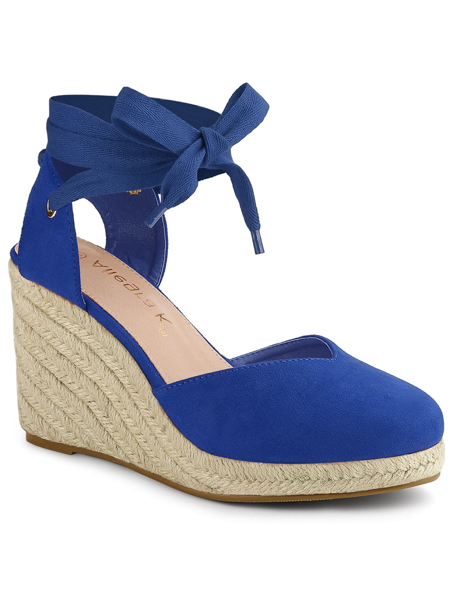 BLISSFUL STEP Chaussures pour Femmes Sandales Espadrilles à Talon Compensé Haut Bout Rond Bleu Royal 5,5