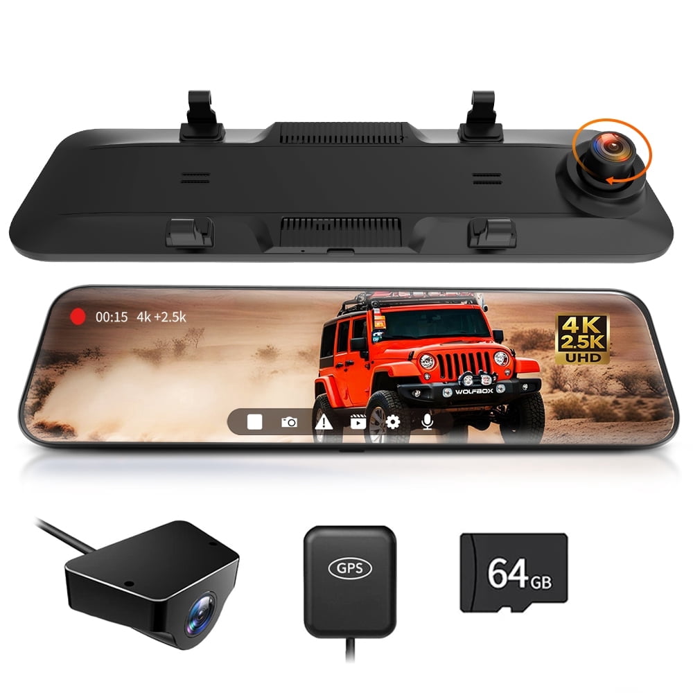 WOLFBOX 12" Rear View Mirror Dash Cam, 4K Mirror Dash Cam Front and 2.5K Rear Camera, Rearview Dash Camera for Car with WDR, Night Vision, Free 64GB Card & GPS