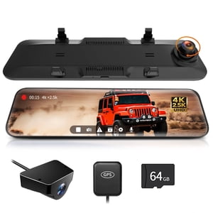 WOLFBOX 12" Vue arrière Miroir Dash Cam, 4K Miroir Dash Cam Front et 2.5K Caméra arrière, Vue arrière Caméra Dash pour voiture avec WDR, vision nocturne, libre 64GB Carte & GPS
