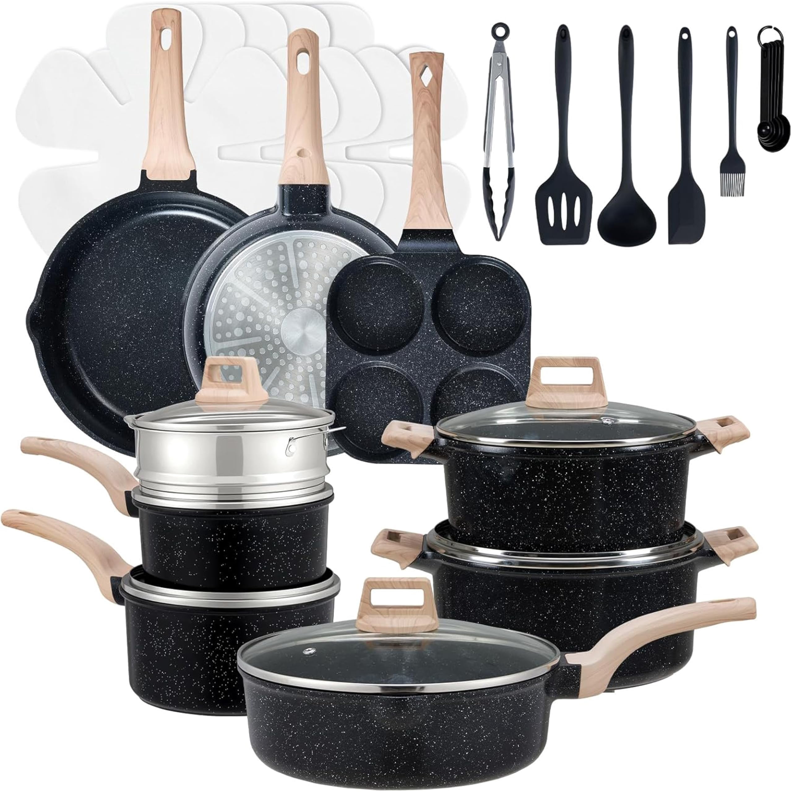 Simple Deluxe 25Pcs Ceramic Cookware Set Nonstick & Non-Toxic Healthy Pots and Pans Heat-Resistant Handles Induction Cookware Sets with Frying Pans Black