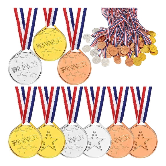100 Pieces Kids Plastic Winner Award Medals Winner Medals Gold Silver Bronze Winner Medals for Parties, Games, Sports