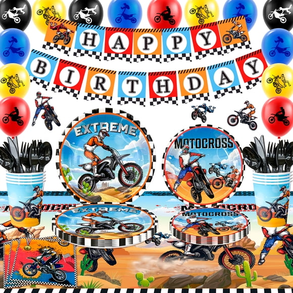 Fournitures d'Anniversaire pour Moto, 98 Pcs Décorations et Vaisselle d'Anniversaire - Assiettes Colorées Serviettes Gobelets Bannière Ballon Etc. Fournitures de Fête de Moto hors Route