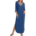 thumbnail image 1 of Liquidation à 50 % de Rabais! Robes pour Femmes 2024, Robes pour Femmes Manches 3/4 Col en V Ample Fluide Fendue Longue Robe Maxi avec Poches Bleu m, 1 of 1