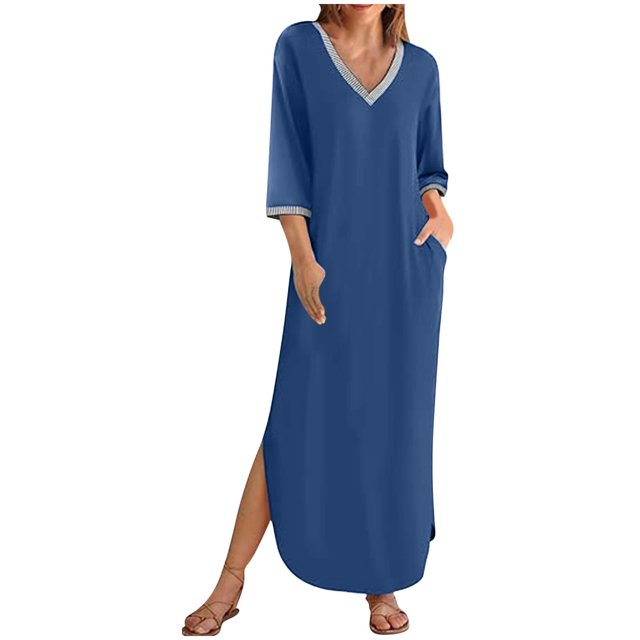 Liquidation à 50 % de Rabais! Robes pour Femmes 2024, Robes pour Femmes Manches 3/4 Col en V Ample Fluide Fendue Longue Robe Maxi avec Poches Bleu m