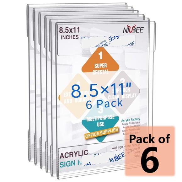 NIUBEE 6 Pack 8.5x11 Clear Acrylic Plexi Sign Holders with Double Sided Adhesive Tape, Wall Sign Memo Document Menu Holder for Office, Home, Store, Restaurant-No Drilling
