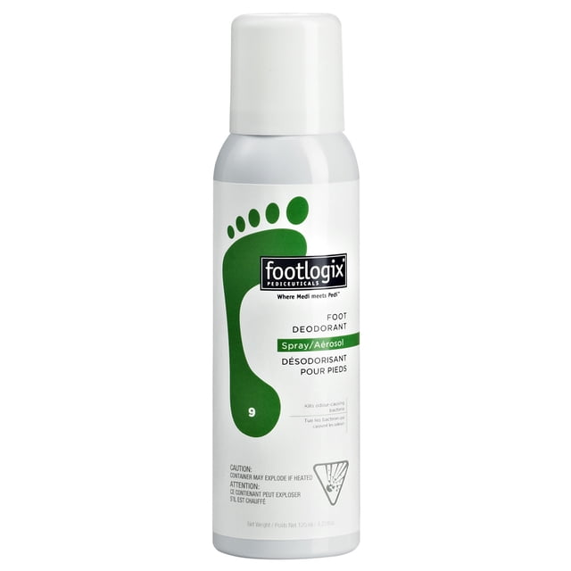 Footlogix Foot Deodorant Spray 4.2 oz / 125 ml in an aerosol can with a green footprint design on the label. Formulated with tea tree oil and menthol, it effectively kills odor-causing bacteria, neutralizes foot odors, and leaves a refreshing scent. The product is not tested on animals and is suitable for daily use.