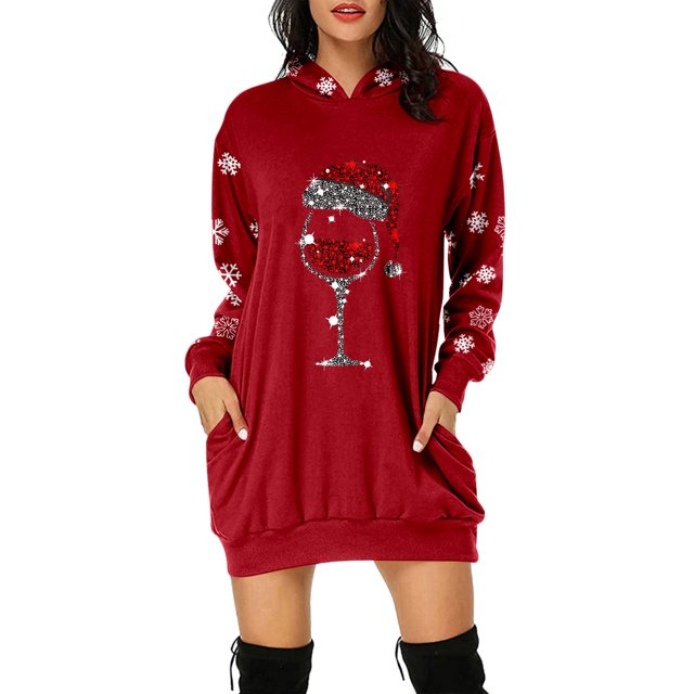 Kcodviy Femmes Vintage Joyeux Noël Chandails et Chandails à Capuchon Zippés pour Femmes Robe Imprimée à Manches Longues Chandail à Capuchon pour Femme à Fermeture Éclair devant Chandails à Capuchon à Manches Longues Midi Tunique Zippée pour Femmes Robes Chandail en Molleton avec Poches