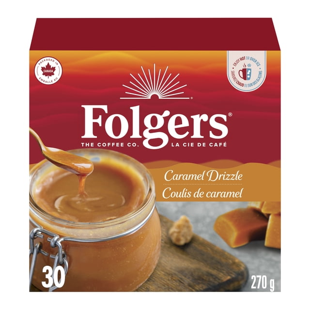 Folgers Caramel Drizzle K-Cup Dosettes de Café Boîte de 30 Unités avec sauce au Caramel Coulant d'Une Cuillère dans un Pot en Verre et des Morceaux de Caramel sur une Planche en Bois, Emballées au Canada, 270 g, Convenant aux Cafetières Keurig et Offrant un Mélange de Café Riche à la Saveur de Caramel Onctueuse.