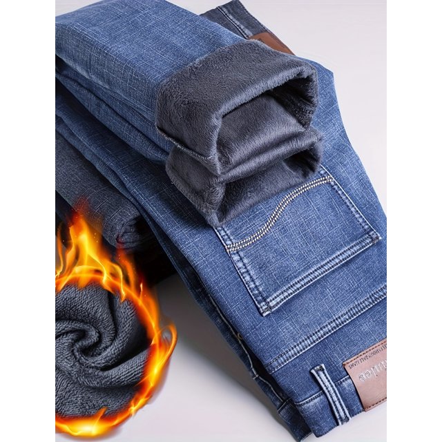 Men's Warm Fleece Jeans For Business, Casual Street Style Denim Pants With Pockets For Fall Winter