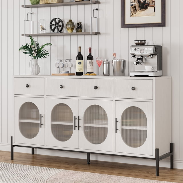 Buffet Bahut avec Rangement, Armoire de Bar à Café Style Ferme Moderne avec 4 Portes Ovales et Tablette Ajustable, Console d'Appoint à 3 Tiroirs pour Salon, Cuisine, Blanc