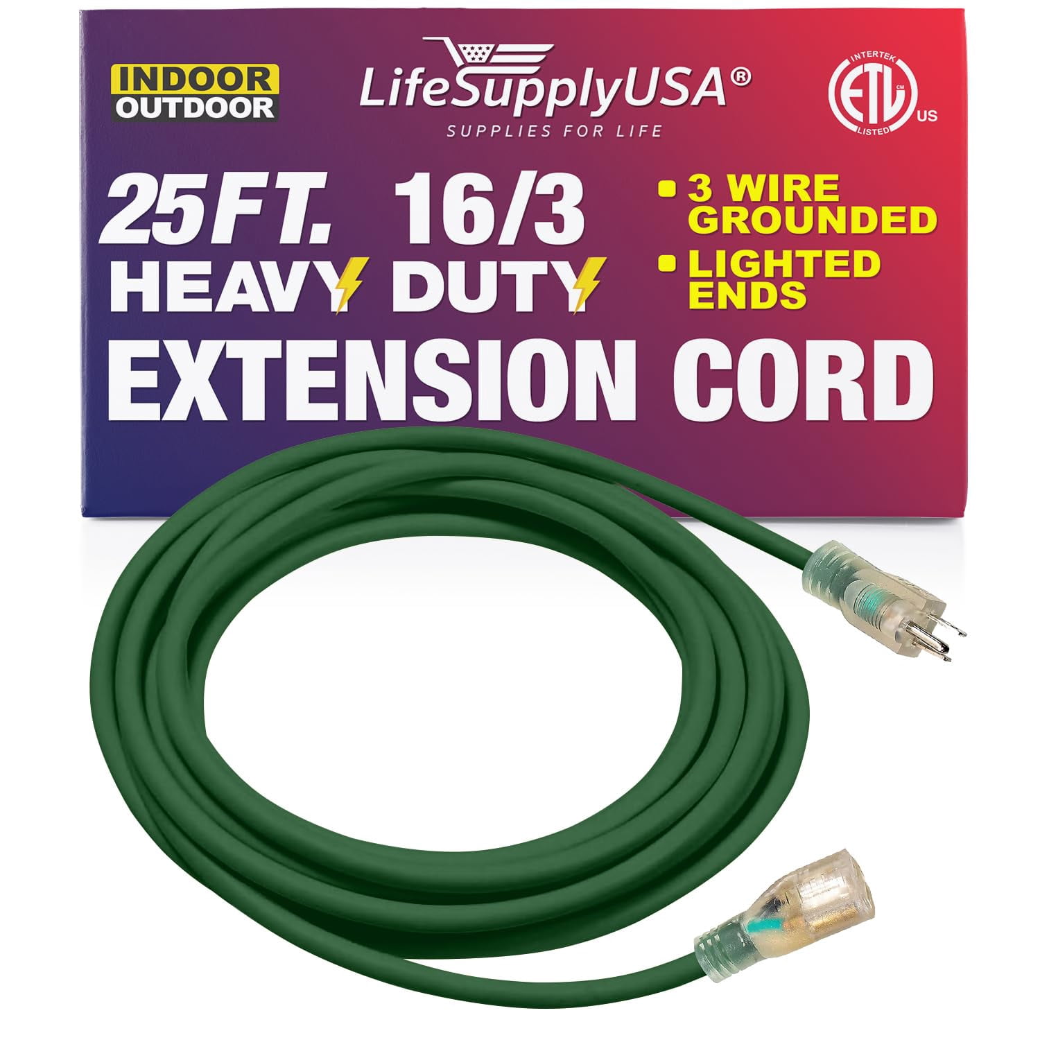 25 ft Power Extension Cord Outdoor & Indoor Heavy Duty 16 Gauge/3 Prong SJTW (Green) Lighted end Extra Durability 13 AMP 125 Volts 1625 Watts ETL Listed by LifeSupplyUSA
