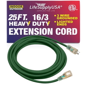 25 ft Power Extension Cord Outdoor & Indoor Heavy Duty 16 Gauge/3 Prong SJTW (Green) Lighted end Extra Durability 13 AMP 125 Volts 1625 Watts ETL Listed by LifeSupplyUSA