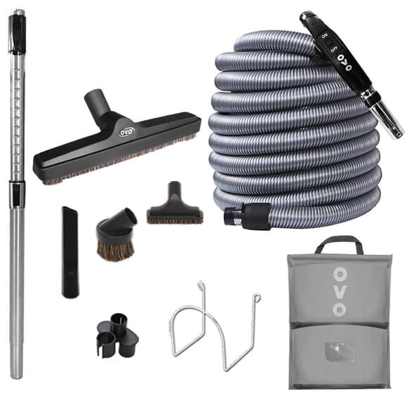 Ensemble d'accessoires Deluxe Plus OVO pour aspirateur central incluant Boyau Bas-voltage de 30 pi avec interrupteur Marche/Arrêt à la poignée, Brosse à plancher de 12'' et accessoires.