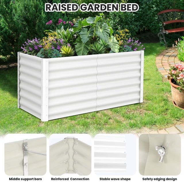 BeesClover Galvanized Raised Garden Bed, a rustproof steel outdoor planter box with an open base for optimal drainage and rounded safety edges. Designed with a stable wave shape, reinforced connections, and middle support bars, it is ideal for growing vegetables, flowers, and herbs. Displayed in a lush garden surrounded by vibrant plants and greenery.