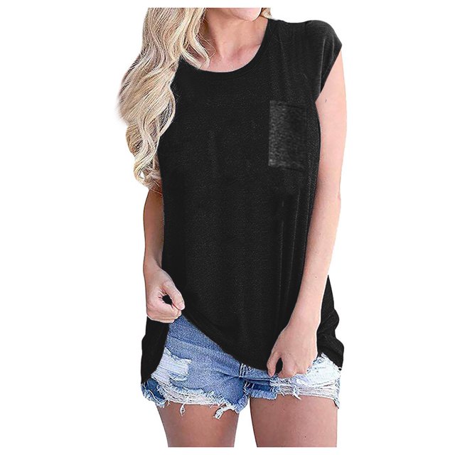 Blouses pour Femmes Mode Femmes Manches Courtes Col Rond Poches Hauts Décontractés T-shirt Blouse Manches Longues pour Femmes en Liquidation