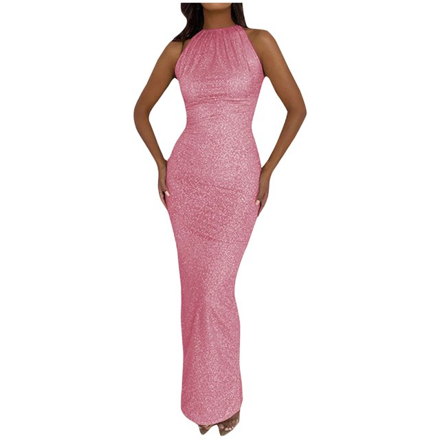 HKEJIAOI Robes de Cocktail Cadeau d'Anniversaire Femmes Camis Unis Aguichant Robe de Soirée Bretelles Sans Manches Robe à Col Rond Économies Liquidation Rose