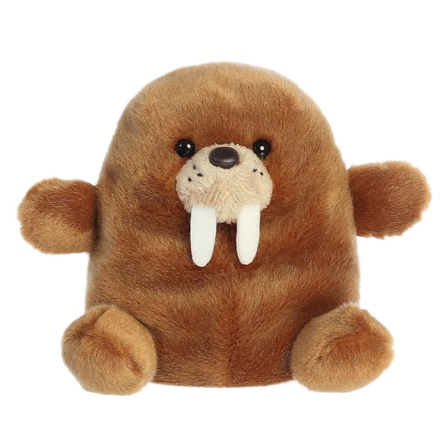 Aurora Palm Pals - Waldo Walrus 5-inch stuffed animal plush toy with a soft, fluffy brown body and bean pellets for stability. The walrus features small black eyes, a beige snout, and prominent white tusks, offering a charming and playful design. Suitable for all ages.
