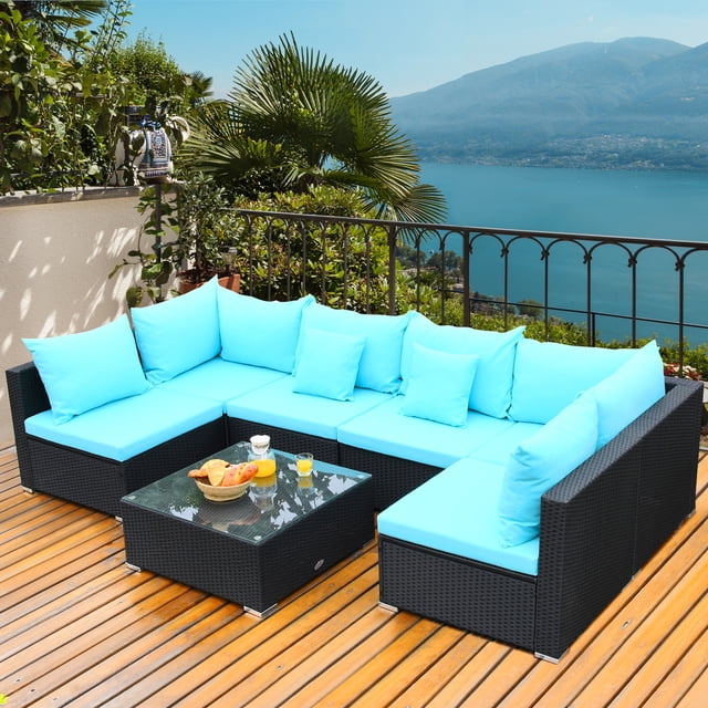 Gymax Ensemble de Conversation de Patio en Rotin 7 Pcs Ensemble de Meubles Sectionnels avec Coussin Bleu