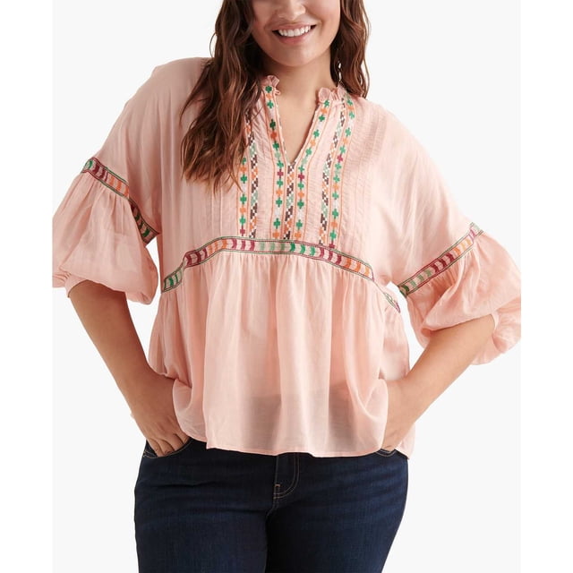 Lucky Brand Plus Embroidered Peasant Top (Bright Orange, XL)