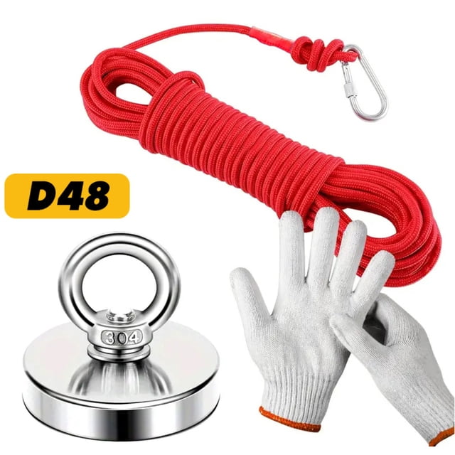 Piaoyu High Suction Magnet with Hanging Ring and Rope, featuring a D48 stainless steel lifting ring magnet, a red 20m rope with a carabiner, and white protective gloves. Ideal for river, deep sea, and lake rescue fishing, it has a neodymium iron boron core, anti-collision steel sleeve, and rust-proof nickel-copper-nickel coating. The D48 model offers a pull-out force of 0-75kg.