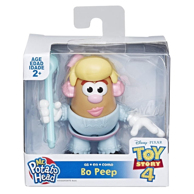 Mr. Potato Head Disney/Pixar Toy Story 4 Bo Peep Mini Figure in retail packaging, featuring a 2-inch potato body with blonde hair, blue outfit, pink ears, and holding a blue shepherd's crook, suitable for kids ages 2 and up to mix and match parts.