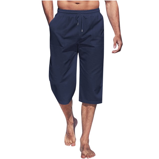 Capris, Mens Fashion Summer Drawstring Elastic Waist Casual Solid Color Capris Pants