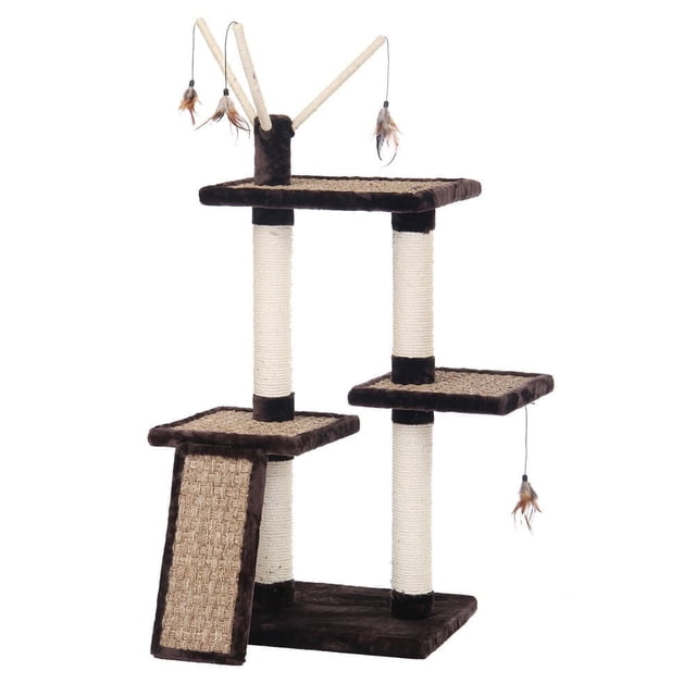 Penn-Plax 3 Level Climber with Scratching Pad featuring three beige sisal-wrapped posts supporting dark brown plush platforms, a scratching ramp, and feathered swatting toys hanging from the top and middle levels, suitable for heavy-scratching cats.