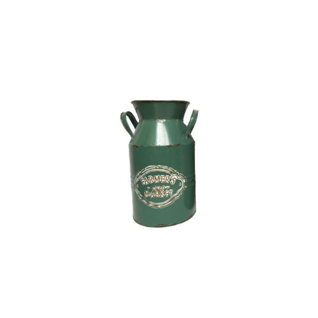 Lerman Decor's green milk jug with distressed metal finish and dual handles, featuring a raised 'Farmers Market' emblem, ideal as a decorative object adding country style to indoor or patio spaces.