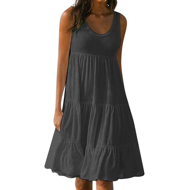 B91xZ Robes d'Été pour Femmes 2024 Décontractées à Col en V Sans Manches Robe Maxi Ceinturée Longue Fluide Robes d'Invitée de Mariage, Gris Foncé S