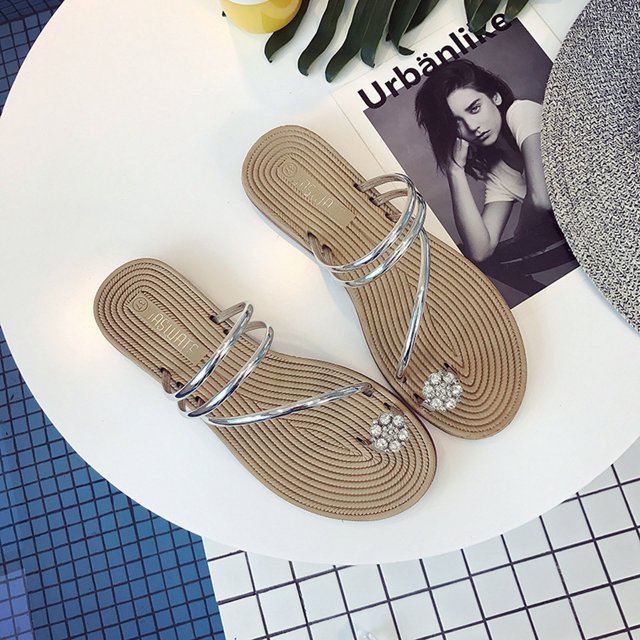 LSLJS New Set Toe Women's Roman Style Flat Bottom Diamond Herringbone Women's Slippers