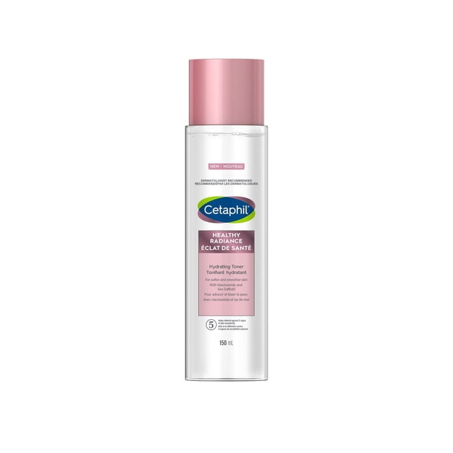 Cetaphil Healthy Radiance Hydrating Toner in a clear 150ml bottle with a pink cap, labeled for skin perfecting hydration and instant luminosity, softening and smoothing skin, suitable for facial toners and skin care routines.