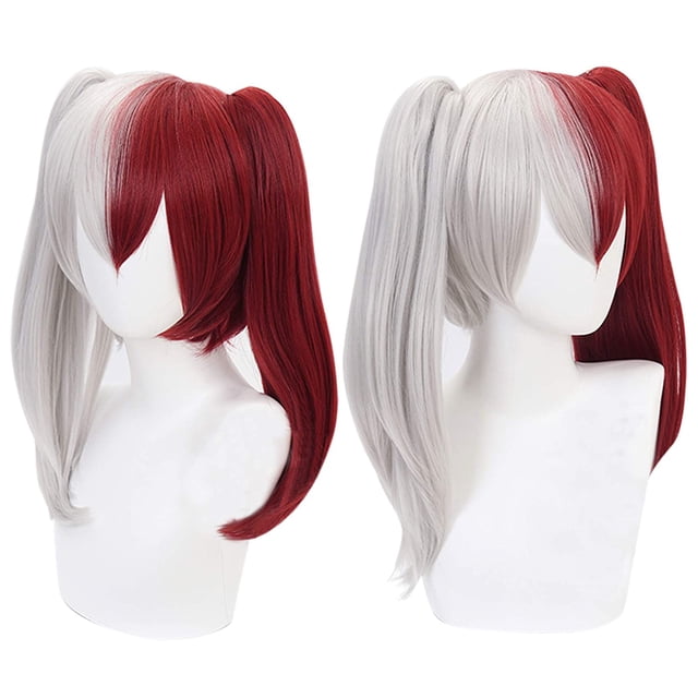 Perruque Grise Argentée pour Femme avec Queues de Cheval, Perruque Demi-Rouge pour Fille, Perruques Synthétiques pour Costume d'Halloween