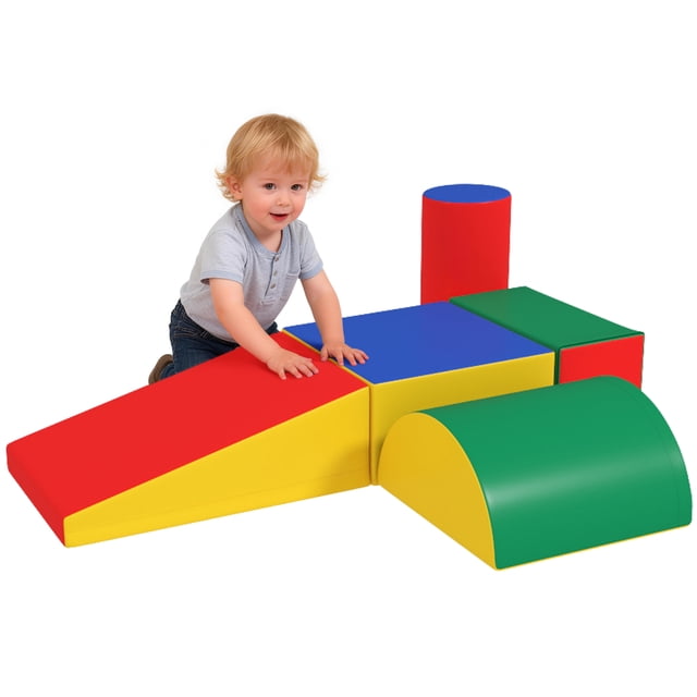 Soozier Ensemble de Jeu d'Escalade et de Rampement 5 Pcs pour 1 à 3 Ans avec Blocs de Mousse Colorés en Rouge, Jaune, Vert et Bleu. Comprend une Rampe, un Cylindre, un Carré, un rectangle et des Formes de Demi-Cylindre pour Grimper, Ramper, Glisser et le Jeu Sensoriel. Conçu pour Développer les Habiletés Motrices, l'Équilibre et la coordination. un Tout-Petit s'Engage dans l'Ensemble de Jeu dans un Environnement Intérieur Lumineux.