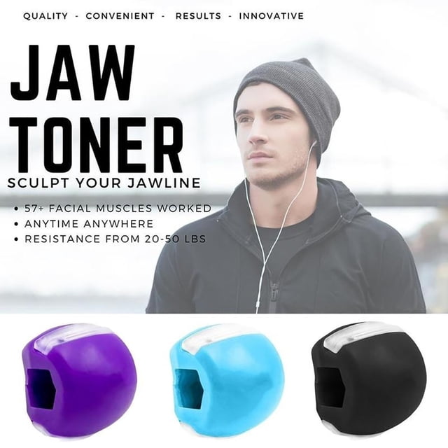 Ourlova Jawzrsize Jaw Exerciser Powerful Jaw Trainer Face Slimer for men and women, featuring three silica gel devices in black, purple, and blue. Designed to activate 57+ facial muscles, reduce double chin, and sculpt the jawline. Compact size of 5.0 cm x 5.0 cm x 5.0 cm, suitable for beginner, intermediate, and advanced users. Promotes facial toning, increased metabolism, and improved blood flow for a youthful appearance.