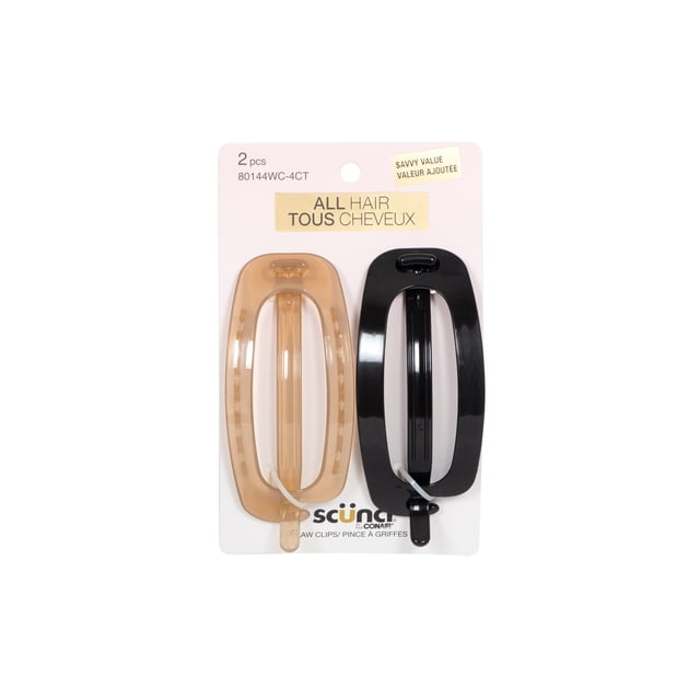 Scunci 2 pack Flat Claw Clips including one translucent amber and one black clip with a flat design for comfortable, secure hold on all hair types, displayed on white packaging with bilingual text, ideal for quick hair styling during workouts or daily routines.