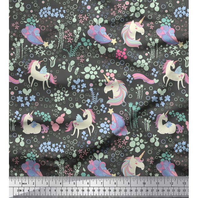 Soimoi Gray Poly Georgette Fabric Unicorn & Floral Decor Fabric Printed Yard 52 Inch Wide