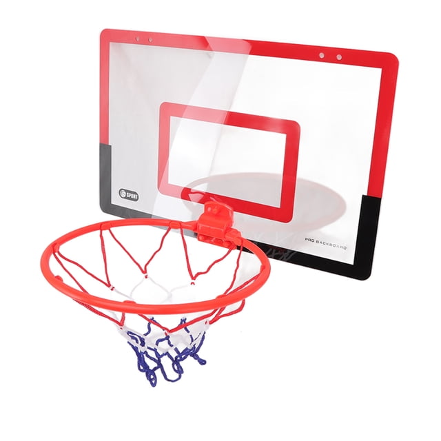 Mini Basketball Hoop Set featuring a red and black PVC basketball board measuring approximately 40x26x0.2cm, with a 24.7cm diameter red hoop and a blue and white net. The set includes a basketball, hanging hooks for easy door or wall mounting, cushion pads, an inflation cylinder, and a basket net. Designed for indoor use, the spring motion edge allows for dunking, providing a realistic basketball experience.