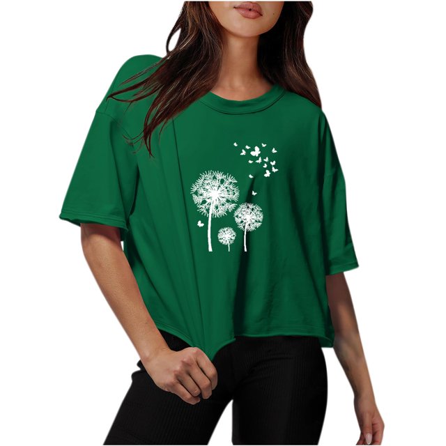 Blouses for Women Drop Shoulder Round Neck Oversized Crop Tops Workout Tops Tees