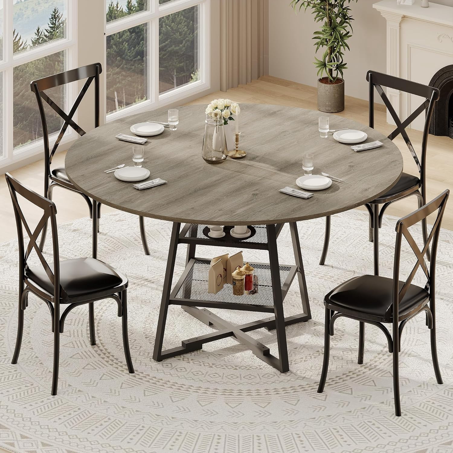 Dining Room Round Table Set for 4-6, Circle Kitchen Dining Table with Metal Base, 42 Inch Wooden Round DiningTable, Wood Kitchen Tables with Storage Shelf