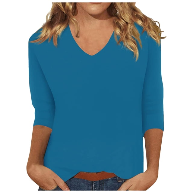 Spring Tops for Women V Neck Solid Color Casual Summer Basic Top Long Sleeve Basic Oversized Tshirts for Women Blue M