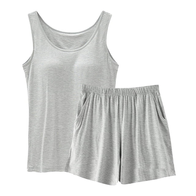 Lixiuxyad Women Spring And Summer Casual Solid Color Padded Tank Top Shorts Set Home Pajamas Set Gray