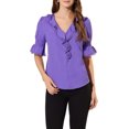 thumbnail image 1 of INSPIRE CHIC Women's Ruffled V Neck Puff Elbow Sleeve Semi-Sheer Chiffon Blouse XS Violet, 1 of 8