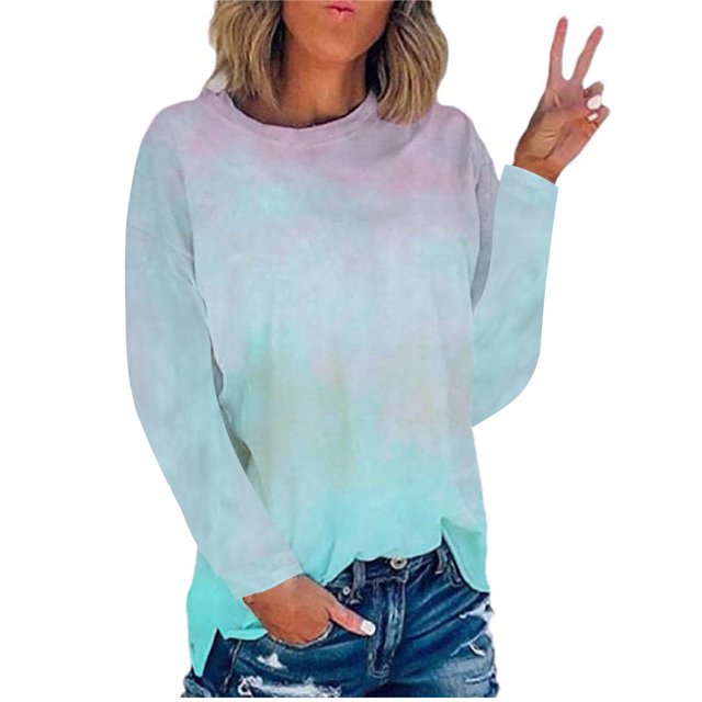RKSTN Chemises à Manches Longues pour Femmes Mode Chandail à Col Rond Imprimé Teinture sur Nœuds Décontracté Sortie Blouses Amples Hauts
