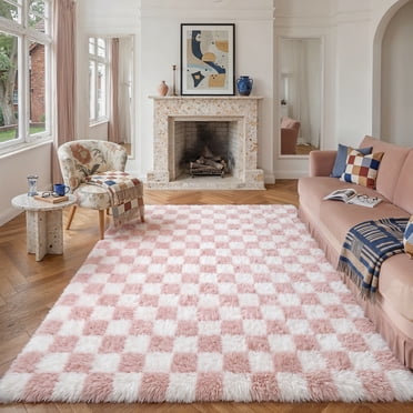 BERTHMEER 5'x7' Shag Area Rugs for Living Room Bedroom Dinning Room Fluffy Checkered Soft Modern Geometric Plush Rugs Carpets, Pink White