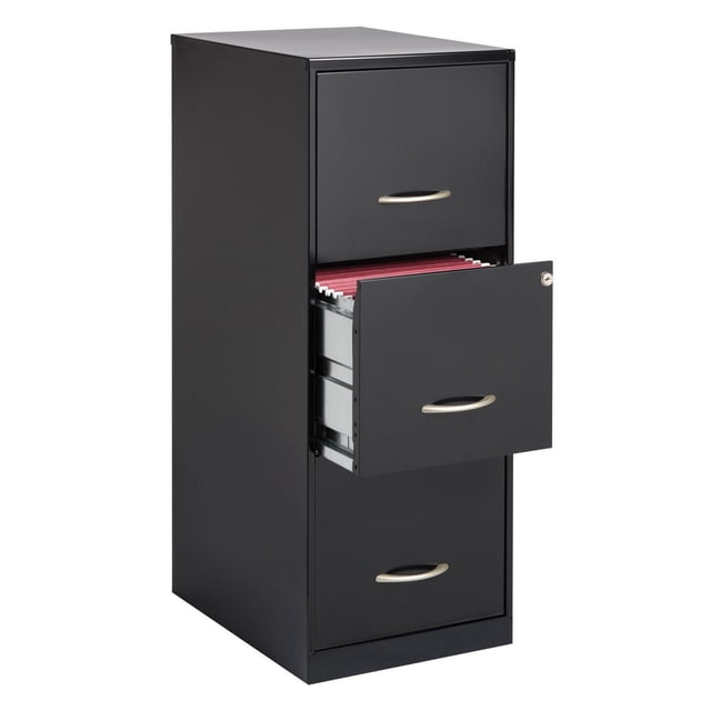 Space Solutions 18" Deep 3 Drawer Smart Letter Width Vertical File Cabinet in black, shown at a front 3/4 angle with the middle drawer open displaying red letter-size hanging files. The steel cabinet features three drawers with silver handles, a built-in lock on the top two drawers, and smooth glide suspension with three-quarter drawer extension, ideal for organizing office files and supplies in compact spaces.