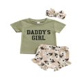 thumbnail image 1 of Bébé Filles 2Pcs Tenues d'Été Manches Courtes Tops Lettre + Volant Floral Short + Bandeau Ensemble, 1 of 7