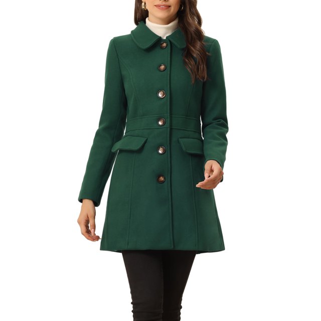 INSPIRE CHIC Manteau Mi-Long à Simple Boutonnage pour Femme à Col Peter Pan Vert Foncé TP
