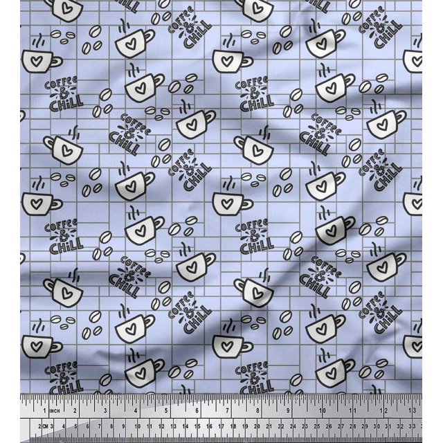 Soimoi Blue Silk Fabric Coffee & CHill Text Printed Fabric 1 Yard 42 Inch Wide