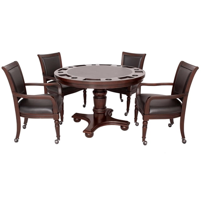 Bridgeport Ensemble de Table de Jeu de Poker 2-en-1 - Noyer avec une Table Ronde en Bois Dur de 48 Pouces Comprenant une surface de Poker Amovible en Similicuir avec Huit Porte-Gobelets Intégrés et des Fentes pour Jetons, Accompagné de Quatre Fauteuils Rembourrés sur Roulettes, Idéal pour les Salles de Jeux Ou les Salle à Manger.